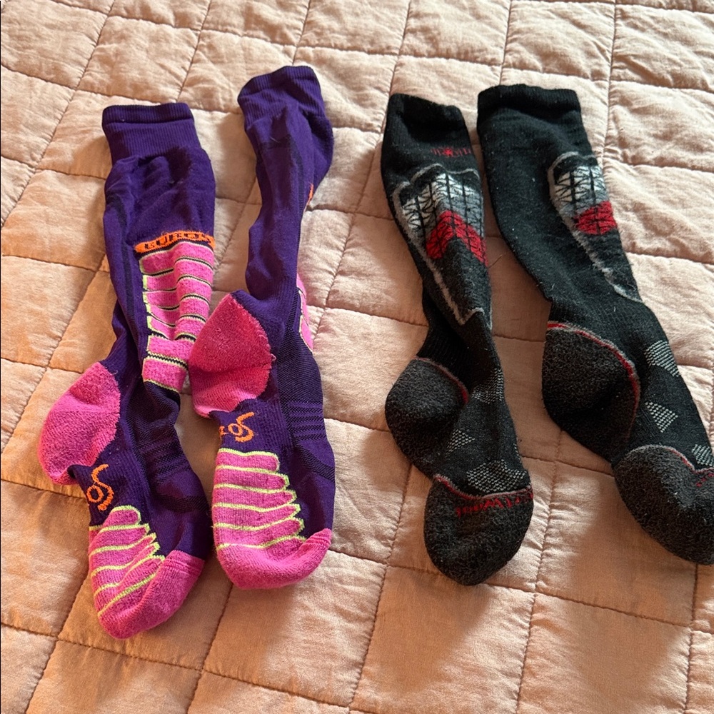 Purple and Pink ski  Socks + Black Patterned ski Socks - 2 Pairs
